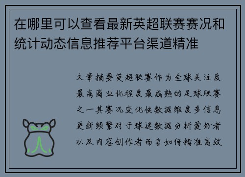 在哪里可以查看最新英超联赛赛况和统计动态信息推荐平台渠道精准
