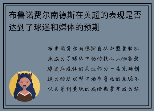 布鲁诺费尔南德斯在英超的表现是否达到了球迷和媒体的预期