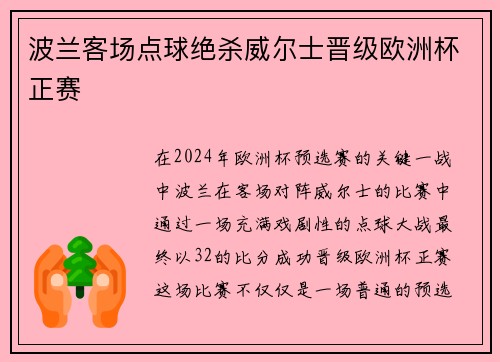 波兰客场点球绝杀威尔士晋级欧洲杯正赛